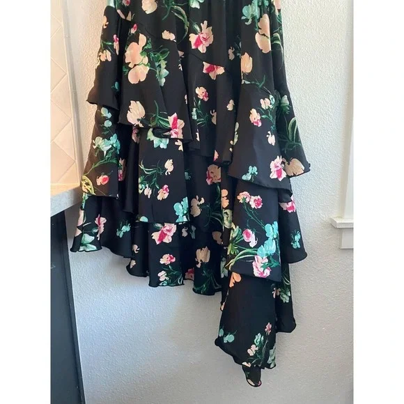 K / Lab Assymetrical Black Floral Dress Ruffle Boho Sz S‎ - Picture 5 of 10